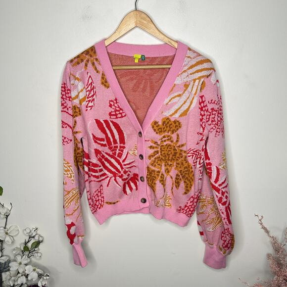 FARM RIO Lobster Crawfish Print Cardigan Sweater Pink Sz L $330 {EE3} - Picture 5 of 9